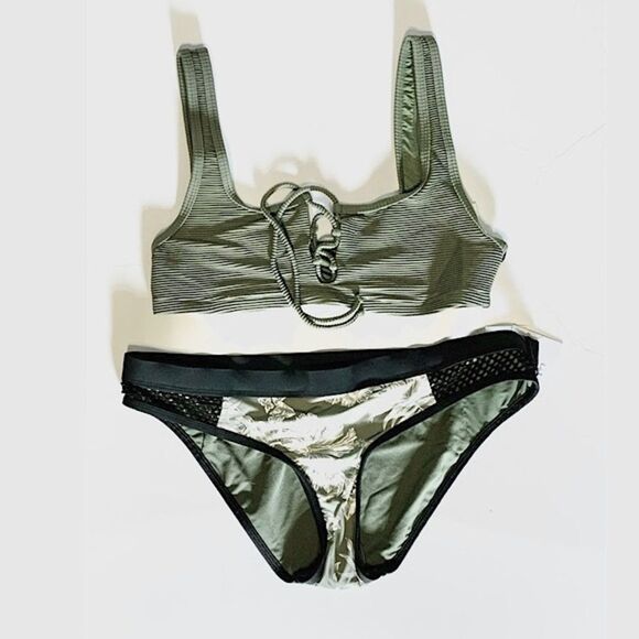 Skye Swimwear Green Floral Hibiscus Black Mesh Side Bikini Swim Bottoms Small - Picture 8 of 9